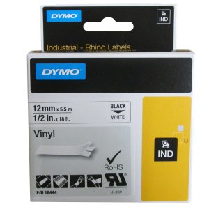 TAPE VINYL BLK ON WHT 12MMX5.5M DY18444 DYMO RHINO
