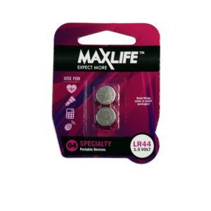 BATTERY LR44 ALKALINE BUTTON CELL 2 PACK BAT44-A2 MAXLIFE