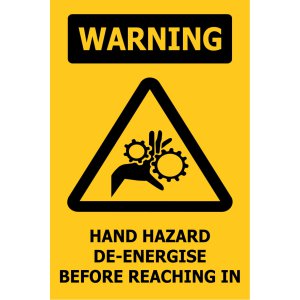 100X150 WARNING HAND HAZARD DE-ENERGISE BEFORE REACHING IN