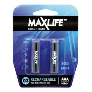 BATTERY AAA RECHARGEABLE NIMH 900MAH 2PK BATAAA-R2 MAXLIFE