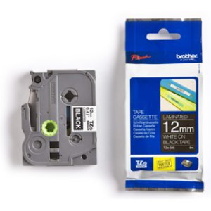 TAPE LAMINATED WHITE ON BLACK 12MMX8M TZE335