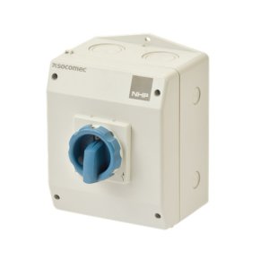 SWITCH ISO ENCLOSED 3P 63A GREY POLY BLUE HANDLE SOCOMEC