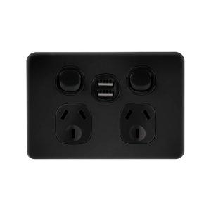 POWERPOINT DOUBLE HORIZ + DOUBLE USB 10A BLACK VYNCO METRO