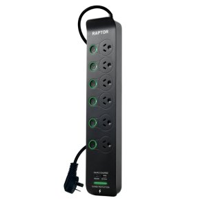 POWERBOARD SWITCHED 6 WAY 525J SURGE, USB A&C BLK RAPTOR